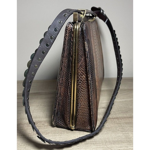 VINTAGE ESCORT BAG GENUINE LIZARD BROWN FRAME HANDBAG SATCHEL Dazzled Strap Moto - Picture 3 of 13